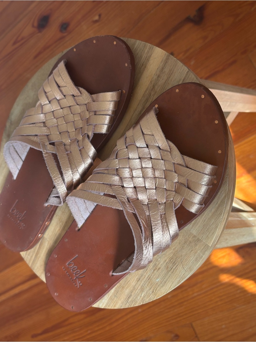beek Metallic Woven Slide Sandals in Rose Gold
